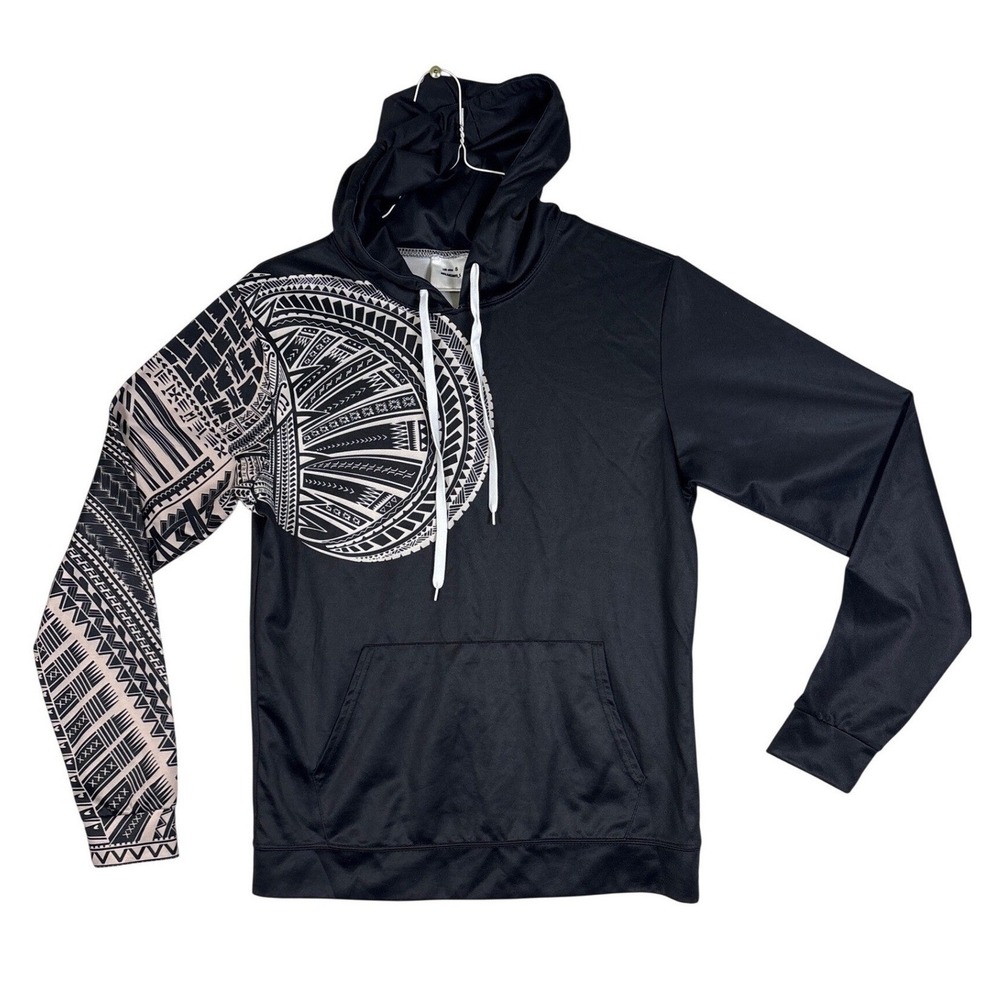 Mens Polynesian Tribal Tattoo Graphic Print Hoodie Black White Size S Pullover